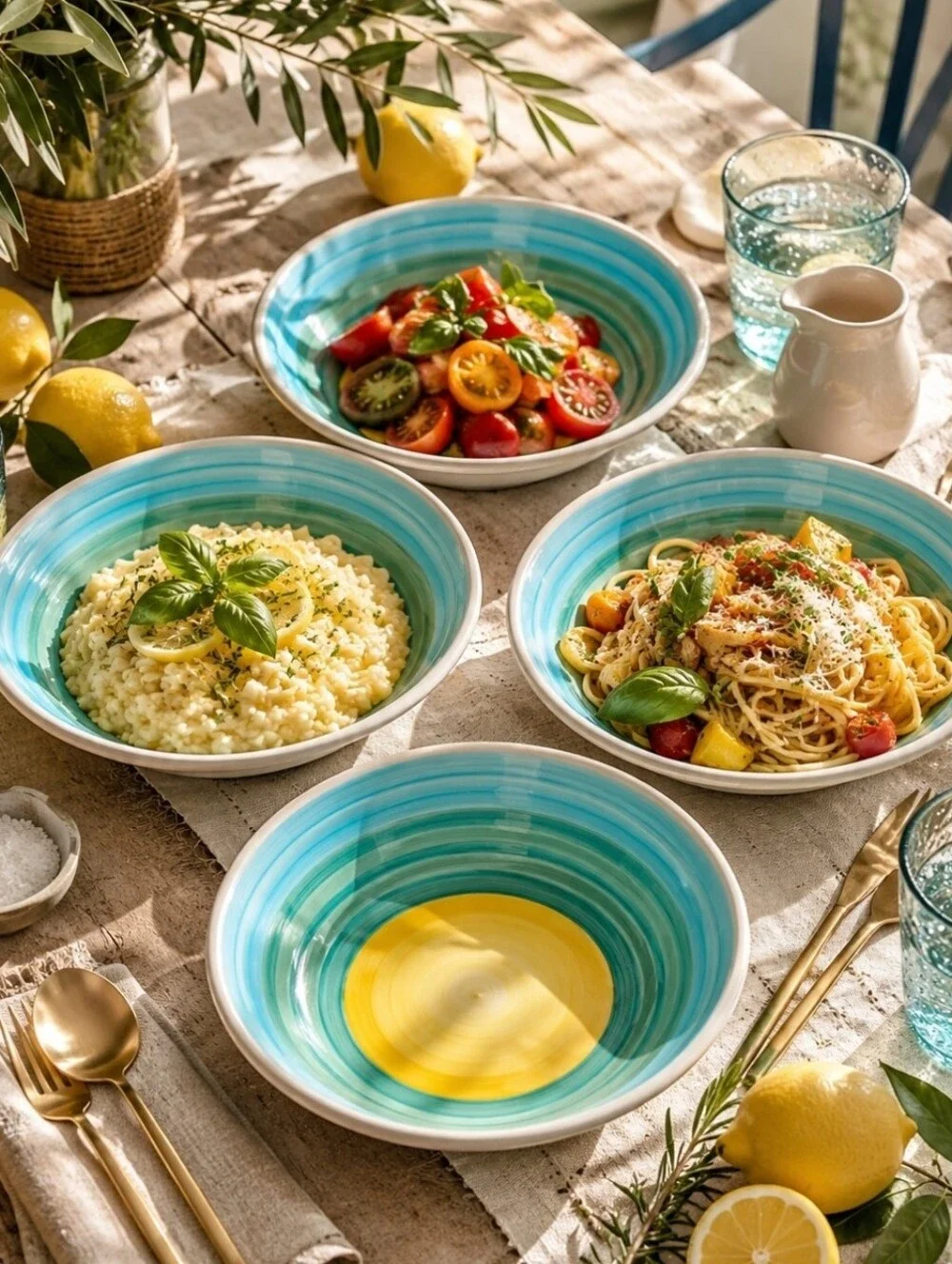 Rare Crate&Barrel Made in Italy Pasta Bowls Set 4 La Primula Aqua Yellow Coastal